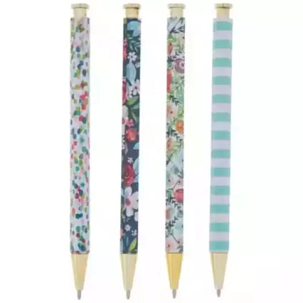 New 4 pc Floral & Stripe Ballpoint Pen Set - Teal, Navy, Multicolor